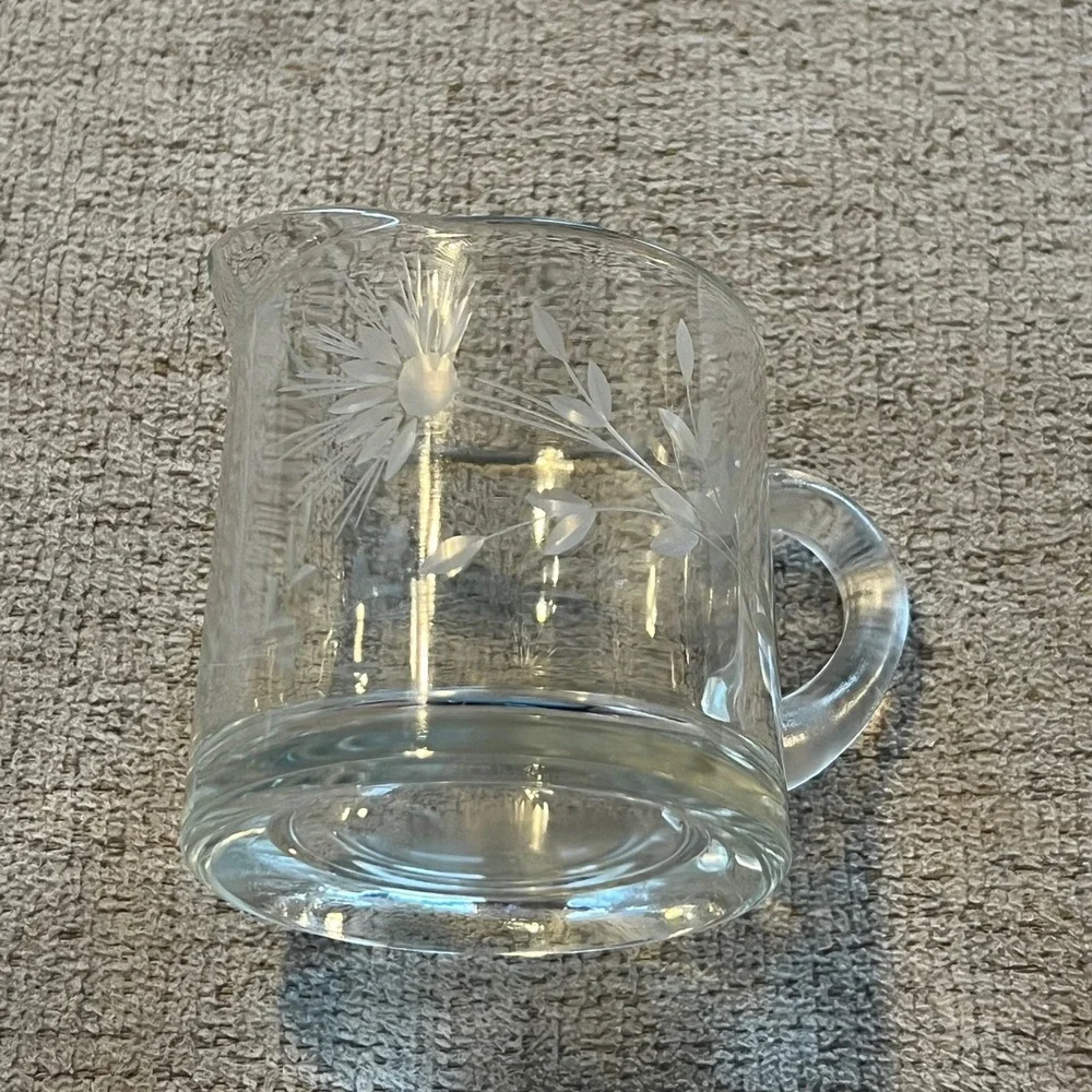 Vintage Etched Glass Cream and Sugar Set Floral Daisy Pattern Clear Glass Pair